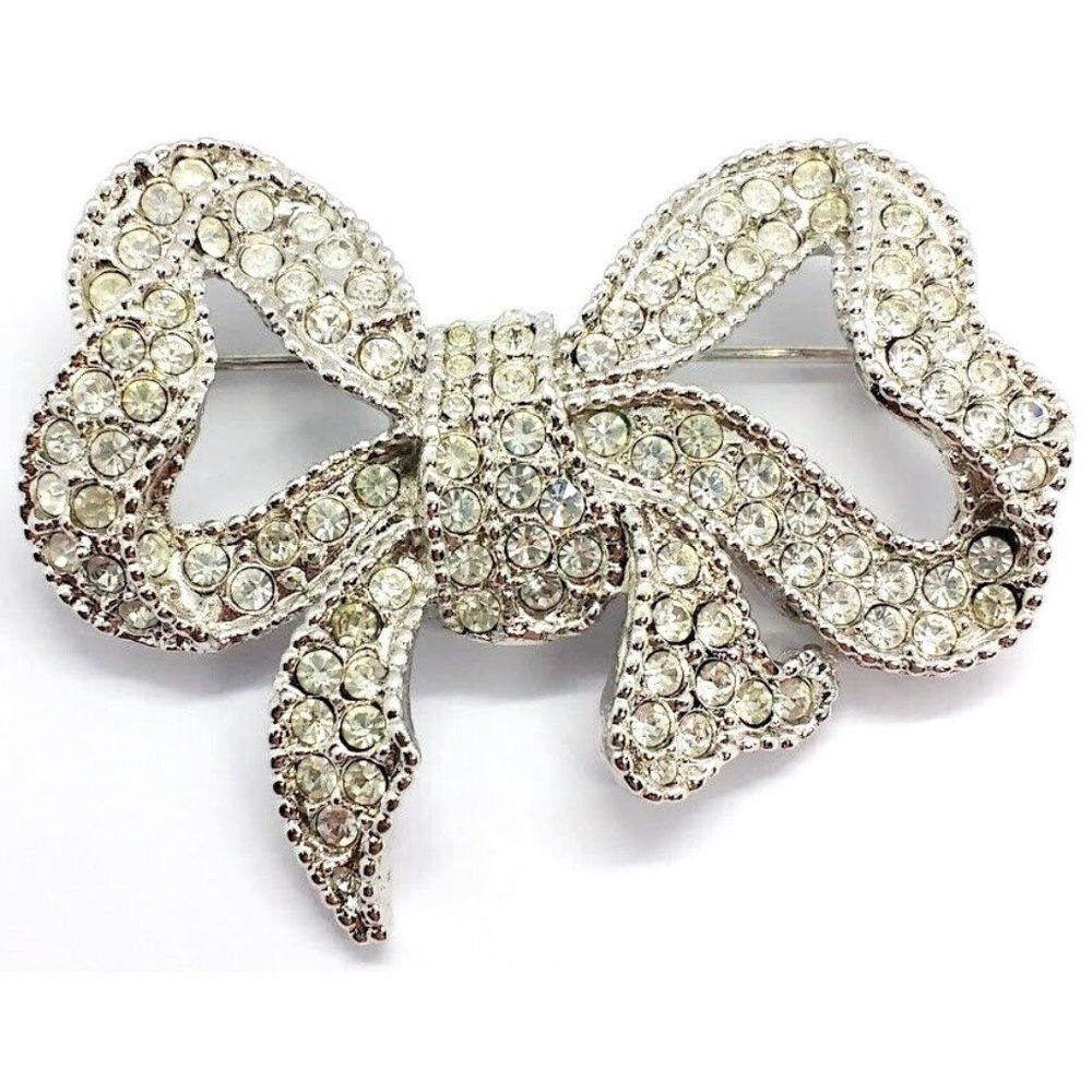 Elegant Vintage Large Valentino Garavani Brooch Rhinestone Ribbon Bow Pin 1980's